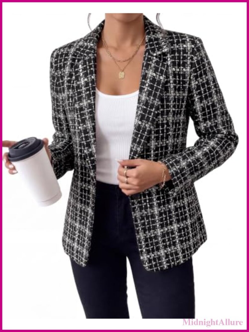 Tweed Plaid Blazer Long Sleeve Work Casual Notch Lapel Button Front